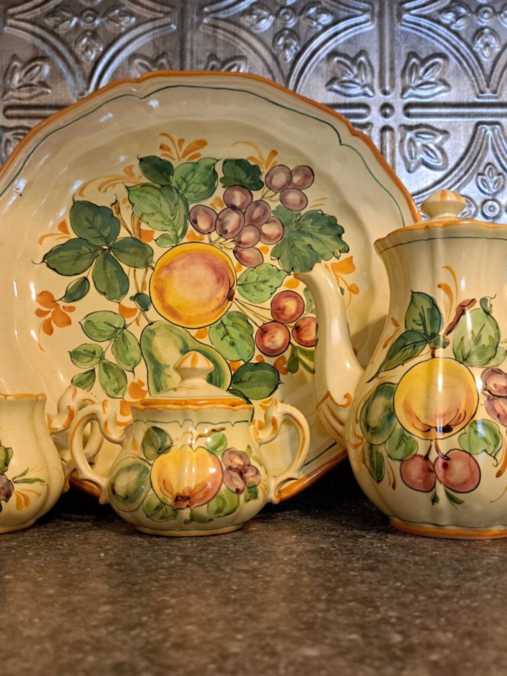 Beautiful Vintage 1950's Ceramic Fruit Pattern Tea Pot Set w/Matching Plate